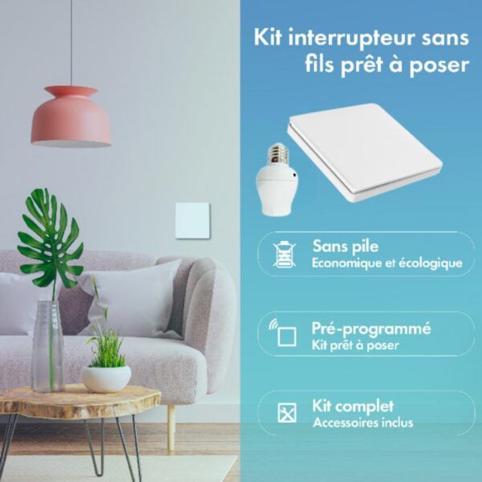 Kit interrupteur va-et-vient sans fil et sans pile - 6 boutons poussoirs Double Allumage + 1 douille à vis récepteur radio