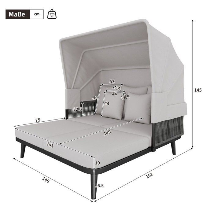 Chaise Longue Salon jardin 2 pers  transat bain soleil store rétractable acier galvanisé coussins 10cm corde tressée gris