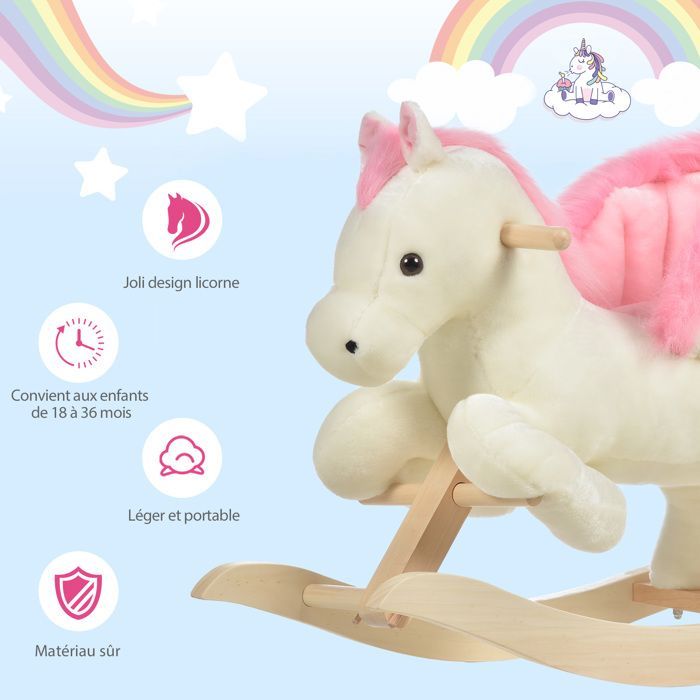 Caballo balancín - HOMCOM - Función musical, silla de montar suave y cómoda de felpa para niños de 18 a 36 meses - Madera - 70x28x57cm - Rosa