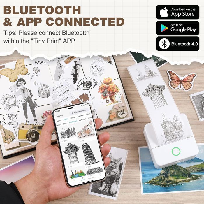 Mini draadloze Bluetooth draagbare fotoprinter, compatibel met smartphones, complete set met gekleurde papieren stickers, wit