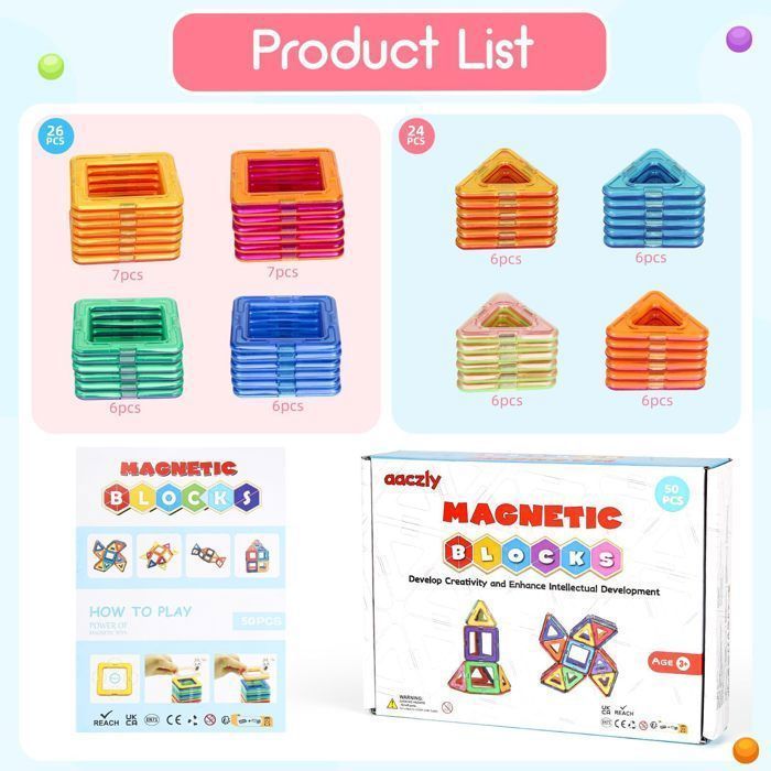 Magnetic Construction Set for Kids - 50 Pieces - Educational Games, Gift for Boys and Girls, Ages 3+