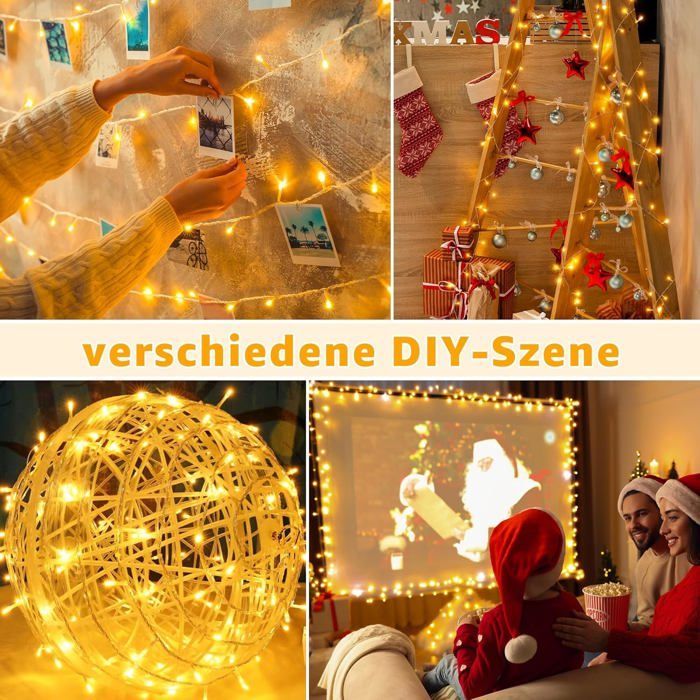 Guirlande Lumineuse Extérieure Batterie, 8M 100 LED Guirlande Lumineuse Sapin de Noël, Lumières de Noël étanches à l'extérieur