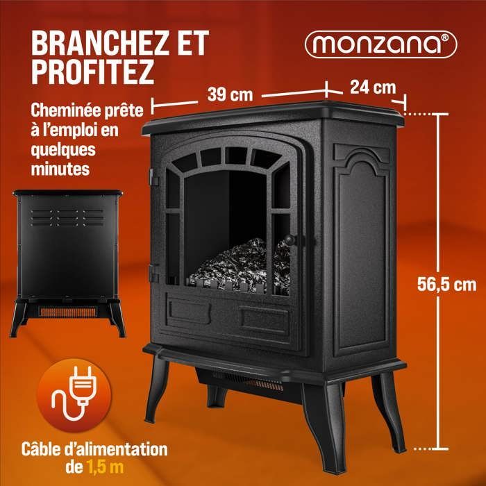 DEUBA® Cheminée électrique effet flamme 2000 W 2 niveaux électrique soufflerie radiateur chauffant LED cheminée décoration noir