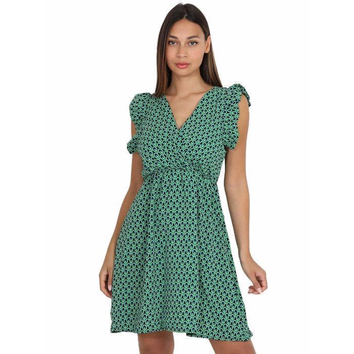 Robe patineuse à motif graphique rétro et manches volants.Dotée d'un élastique au niveau de la taille. pour femme - Robes - La