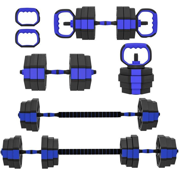 Gewichtheber-Hantelset – SPORTNOW – 6-in-1 – 25 kg – Kurzhantel, Kettlebell, Langhantel, Liegestützgriff – blau