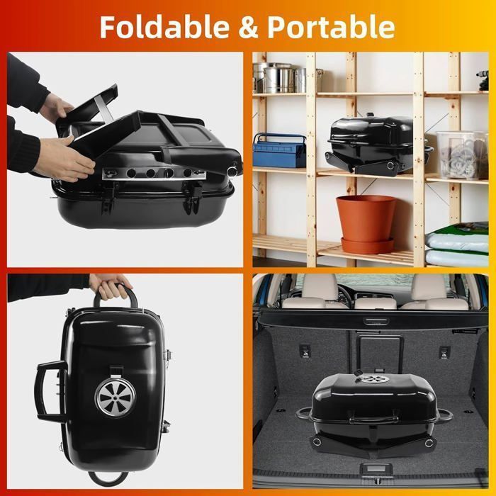 Barbecue Charbon de Bois Pliable - SunJas - avec Couvercle Grille BBQ Party Portable pour Balcon Camping - en Émail Noir
