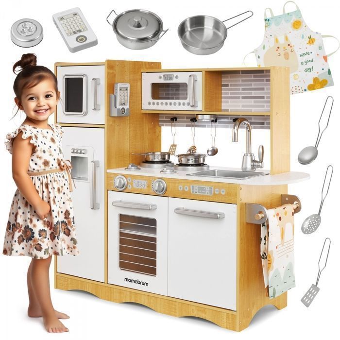 Cocina de juguete de madera con luces LED Mamabrum para niños, 93x30x83 cm - con nevera, microondas, vitrocerámica, utensilios y delantal - para niños de 3 años en adelante