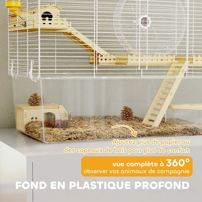 Cage à hamster - PawHut - à 3 niveaux - avec roue d'exercice, plateau transparent, cabanes, rampes - 59 x 35,5 x 47 cm - blanc
