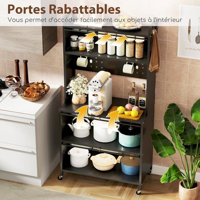 Aparador de cocina COSTWAY de 5 niveles con luces, soporte para microondas con ruedas, puertas, ganchos y patas ajustables, color negro.