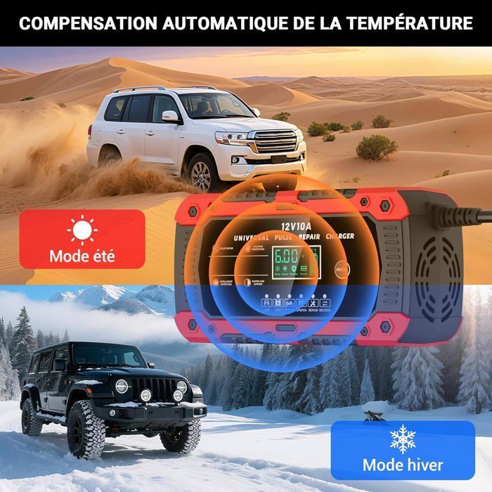 Cargador de batería para coche LiFePO4 de 12 V y 10 A, cargador inteligente para coches y motocicletas con pantalla LCD y reparación automatizada.
