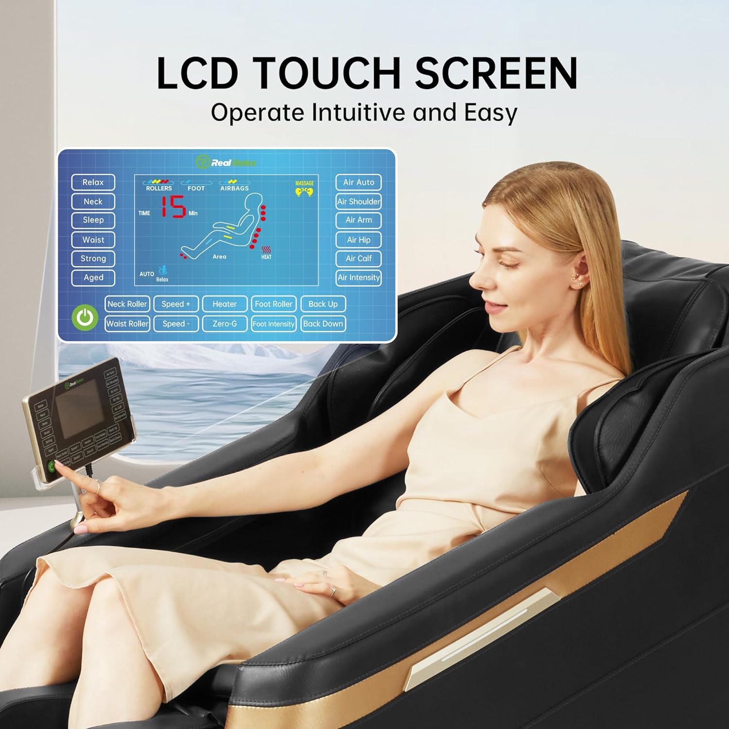 Real Relax 2024 massagestoel, volledige lichaamsmassage, zero-gravity-modus, voetmassage, Bluetooth, lcd-scherm, tailleverwarming, zwart