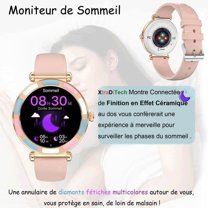 XTRADITECH Women's Smartwatch, Sport Alloy, Diamond Cut, Multicolor Rhinestones, Gold, Rose Gold, Blue, Round, 1.27