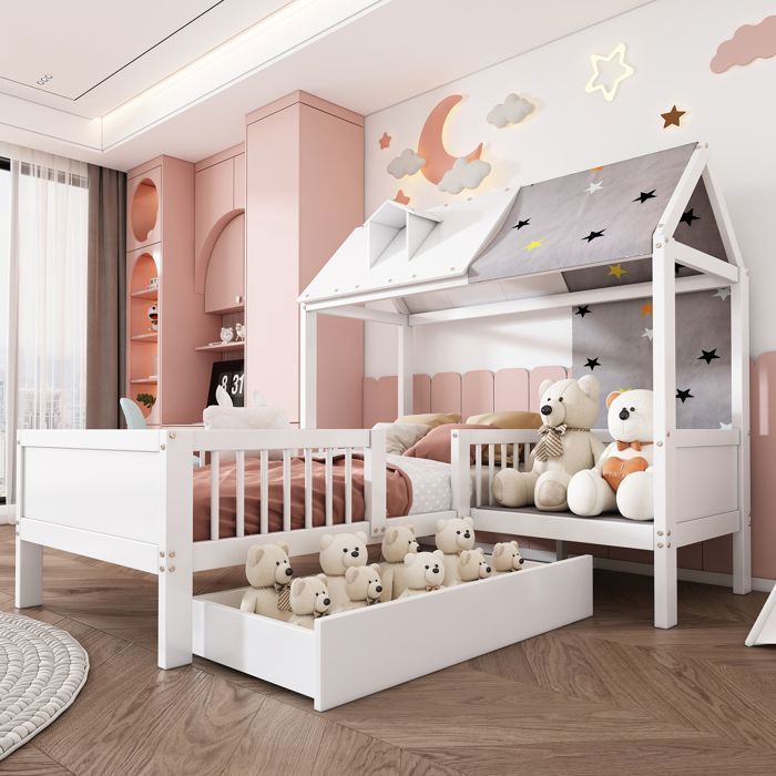 Struttura del letto rinforzata, realizzata in materiale resistente alla corrosione, a forma di casetta di legno, lettino per bambini, letto singolo.