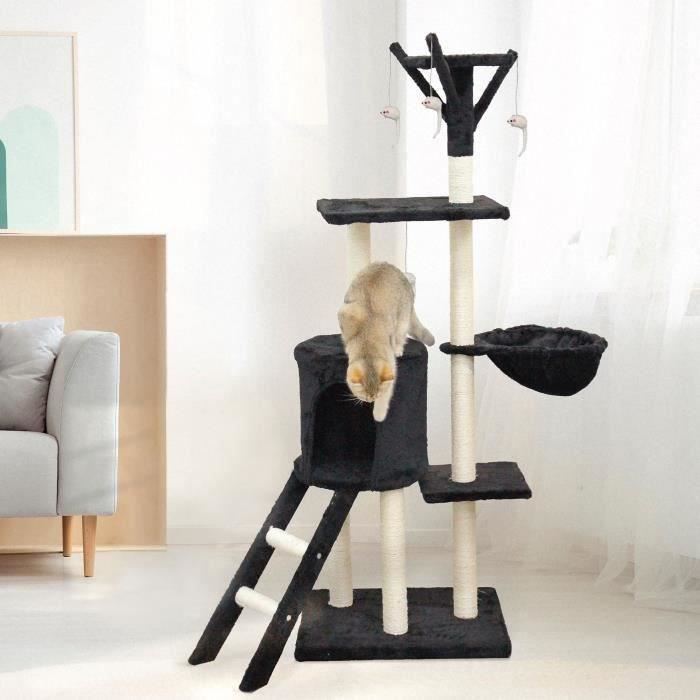JIPSY Arbre à chat noir 79 x 34 x 138 cm - 3 plateformes, 1 perchoir, 1 niche,  1 escalier, poteaux à griffer