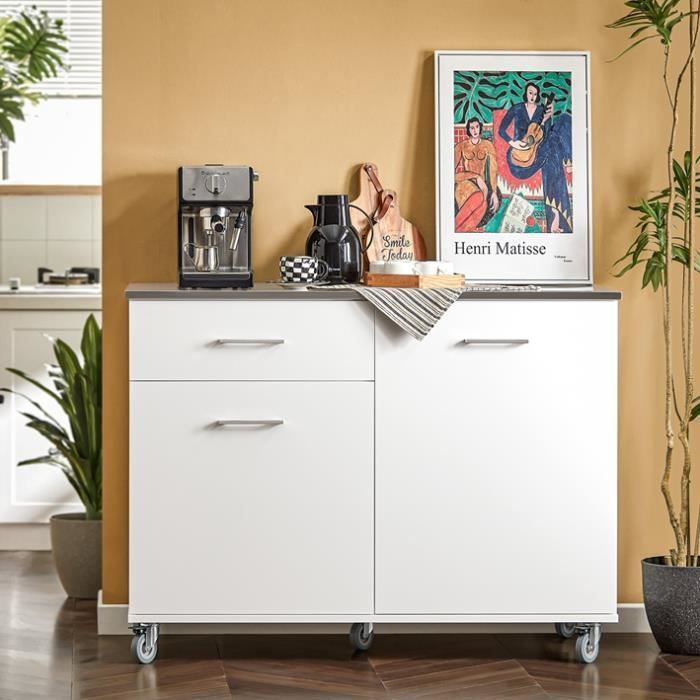 SoBuy FKW117-W Küchenwagen auf Rollen mit Arbeitsplatte, Schublade und 2 Türen, Weiß, 120 x 56 x 90 cm