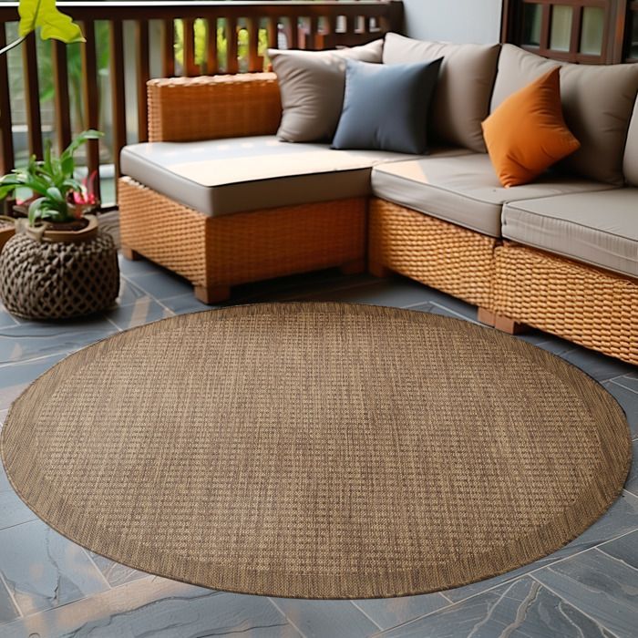 Tapis d'extérieur 200 cm Rond Marron Tapis balcon cuisine et terrasse unicolore en tissage plat résistant aux intempéries