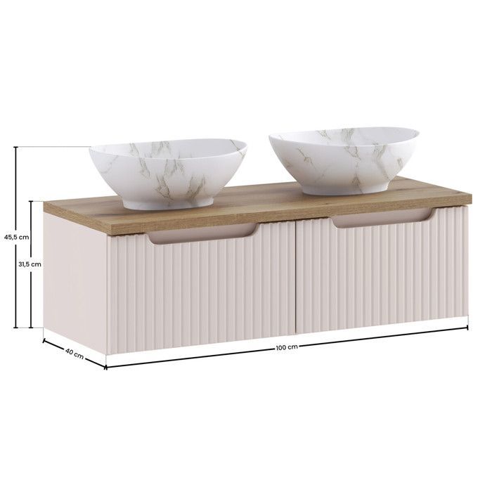 Mobile bagno sospeso NOVA da 100 cm con doppio lavabo, color cashmere, con lavabo Casella effetto rovere e 2 cassetti.