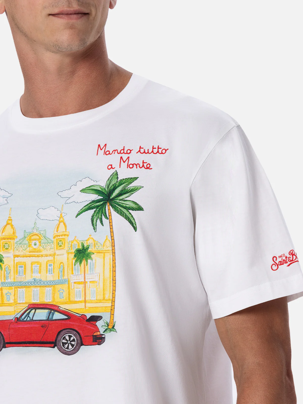 Camiseta de algodón para hombre con bordado Montecarlo y estampado colocado.