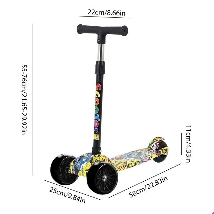 Trottinette enfant, roues LED, guidon réglable en hauteur, pliable, jaune