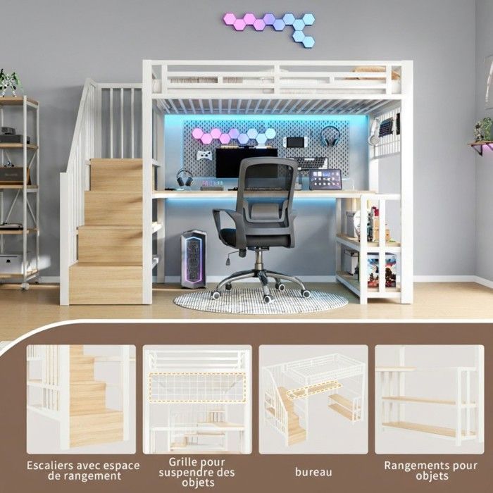 Lit mezzanine - LANGTU - 90x200 - Bureau intégré - LED réglable - Rangement escalier, USB/Type-C