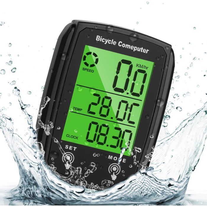 Universal 19-function GPS speedometer/odometer for bicycles, IP54 waterproof, with backlit LCD touchscreen.