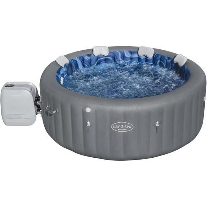 Spa hinchable BESTWAY - Lay-Z-Spa Santorini - Capacidad para 5 a 7 personas - Redondo (Incluye 5 reposacabezas acolchados + 2 luces LED de agua ColorJet)
