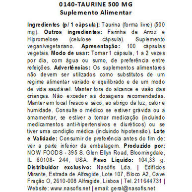 Now Taurine 500 mg Hermoston Terveys Kapselit, Tauriini Hermoston Tuki, 100 Kapselia