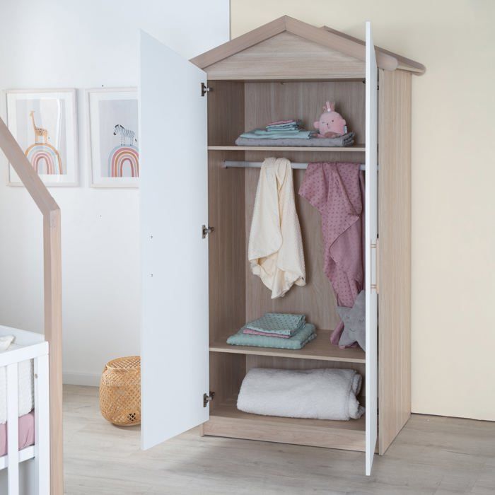 Conjunto completo de dormitorio infantil: cuna de 60 x 120 cm + cambiador convertible + armario - CABANE - ROBA - Roble / Blanco