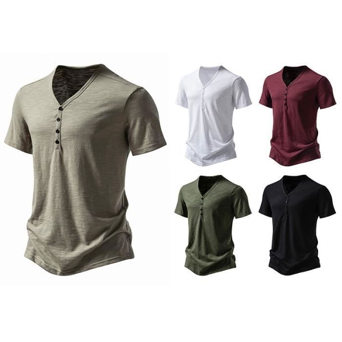 Camiseta Henley de verano para hombre, corte regular, ligera, cuello en V - INSFITY - Caqui