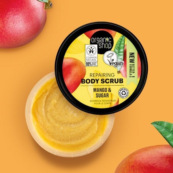 „Organic Shop“ atkuriamasis kūno šveitiklis „Mangas ir cukrus“, 250 ml