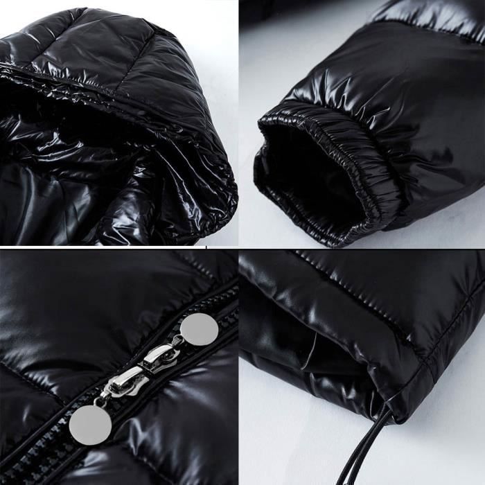 Chaqueta acolchada para hombre, chaqueta acolchada con capucha desmontable, chaqueta acolchada de invierno impermeable y brillante para hombre (XS-XL) - NEGRO