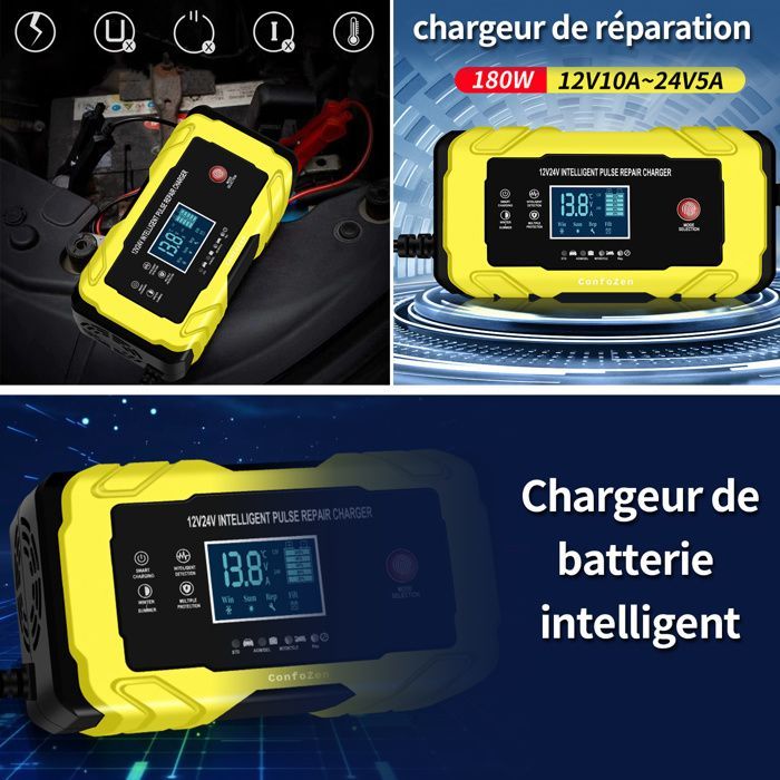 Cargador de batería inteligente de 12 V y 10 A, cargador de batería para coche con pantalla táctil LCD, protección múltiple para coche y motocicleta.