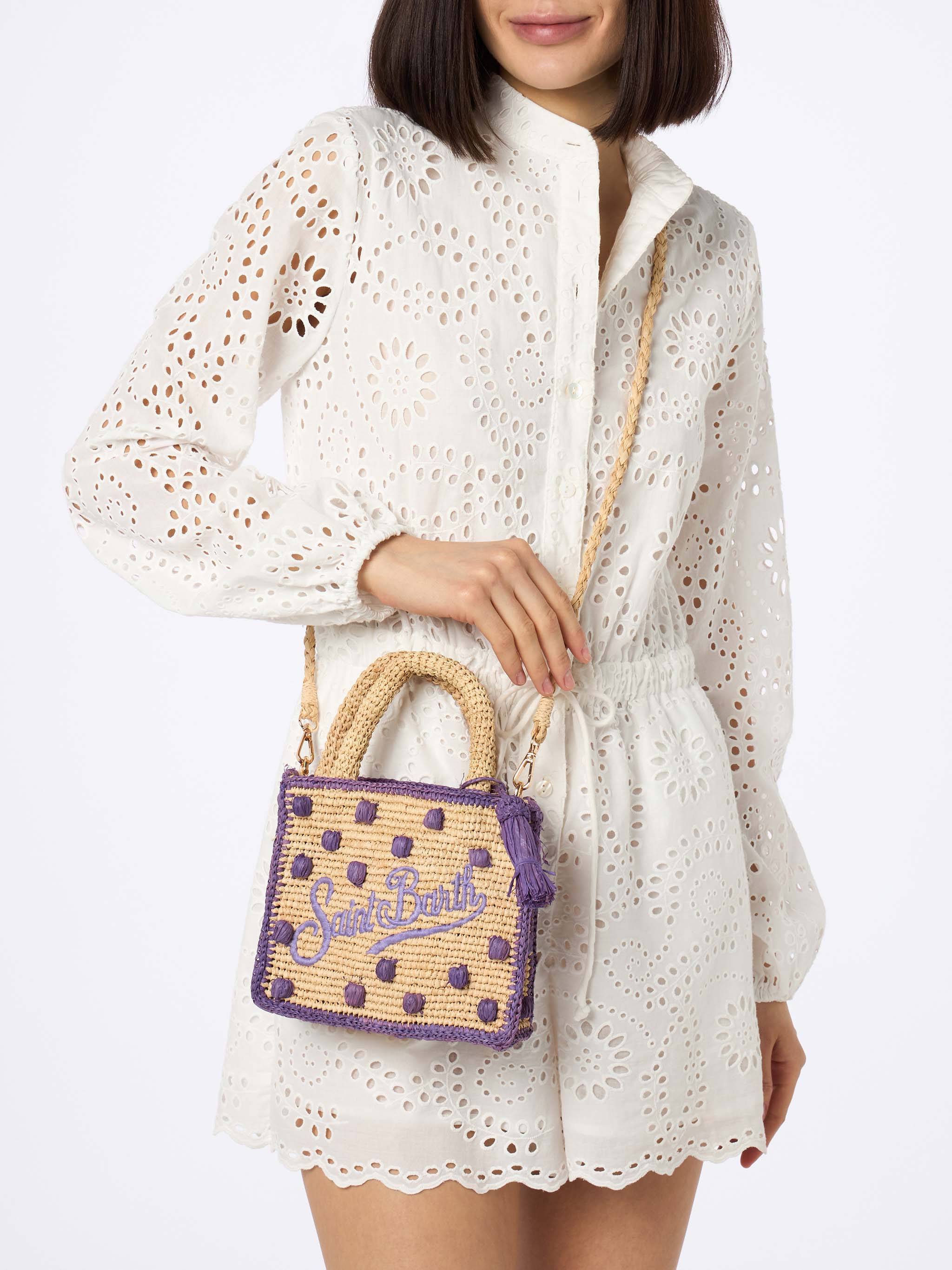 Mini-Kosmetiktasche aus Raffia in Naturbeige mit Polka-Dot-Applikationen