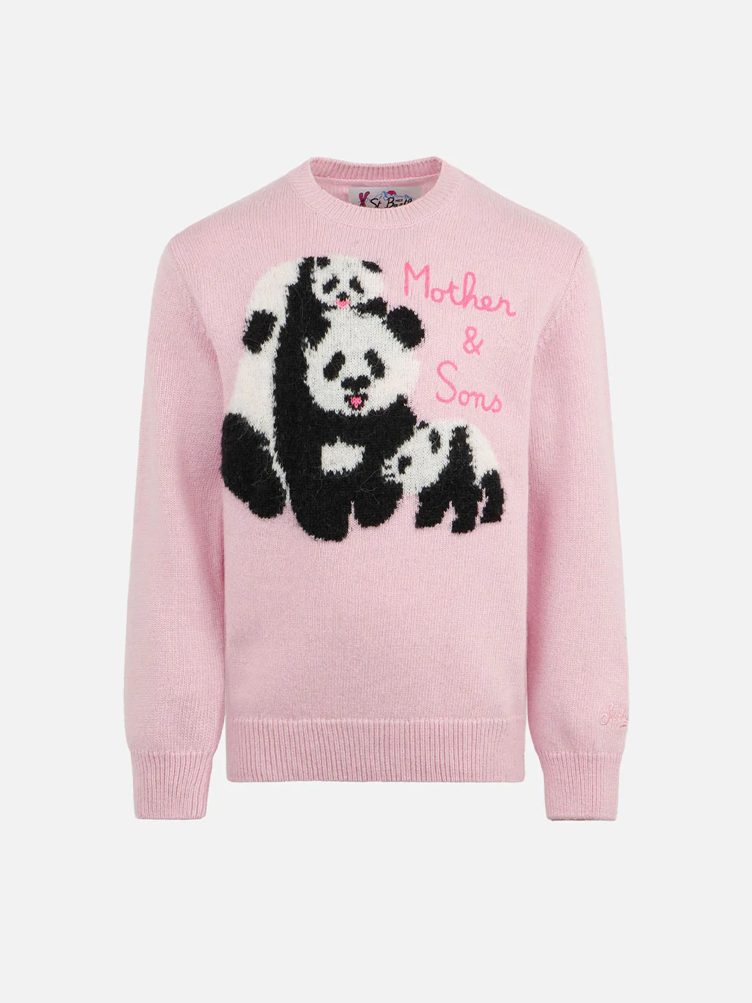 Roze trui met ronde hals voor meisjes met geborduurde tekst 'Moeder & Zonen'.
