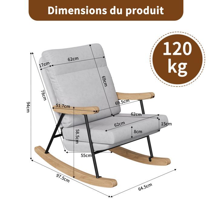 Mecedora escandinava, silla ergonómica de lino para lactancia, estructura de madera maciza y metal, silla relajante para la sala de estar.