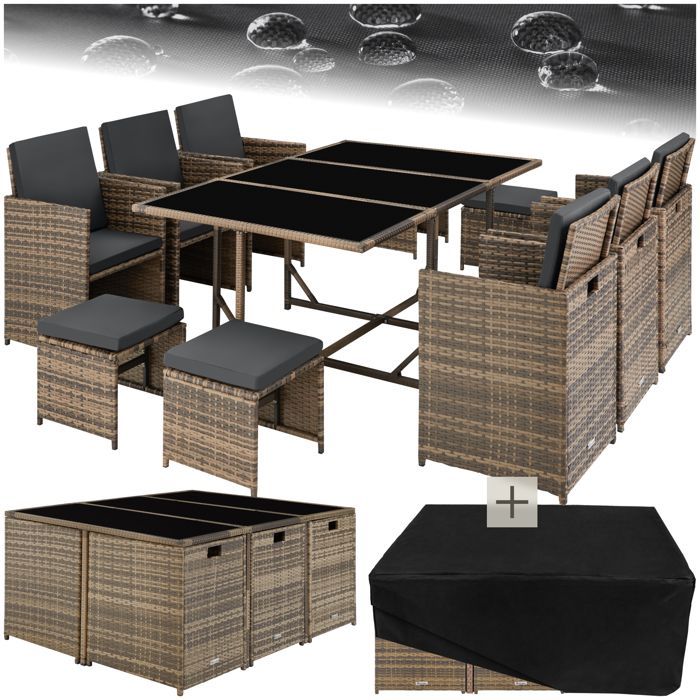 Conjunto de jardín - TECTAKE - Conjunto de salón de jardín MALAGA de 10 plazas con funda, apilable, fabricado en polietileno - Marrón natural