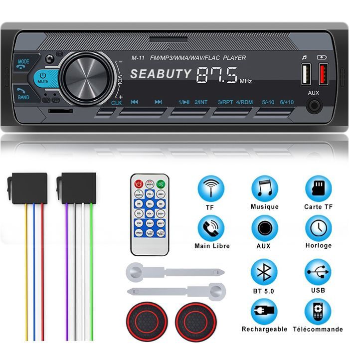 Radio para coche Bluetooth 1 DIN - 7 colores FM Bluetooth 5.0 - para coches de 12V Compatible con 2 USB/AUX/MP3/iOS/Android