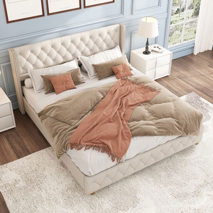 Cama doble para adultos - TKOPY - Cama tapizada de 140x190 cm, con somier de láminas, lino beige.