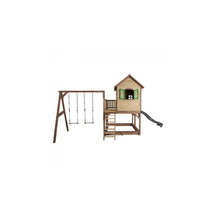 Casita de juegos infantil AXI Liam con arenero, 2 columpios y tobogán, gris | Zona de juegos exterior en marrón y verde