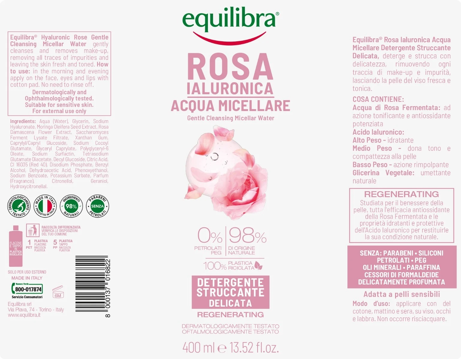 EQUILIBRA Equilibra Rosa Micellair Water 400 ml Reiniger en make-up remover