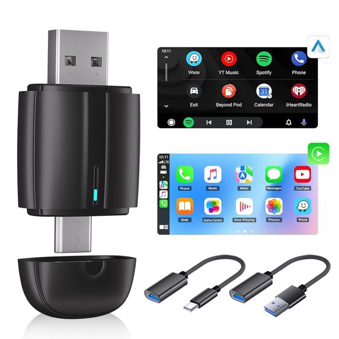 Adaptador inalámbrico CarPlay para Apple CarPlay y Android Auto: dongle Bluetooth 2 en 1 para convertir de cableado a inalámbrico.