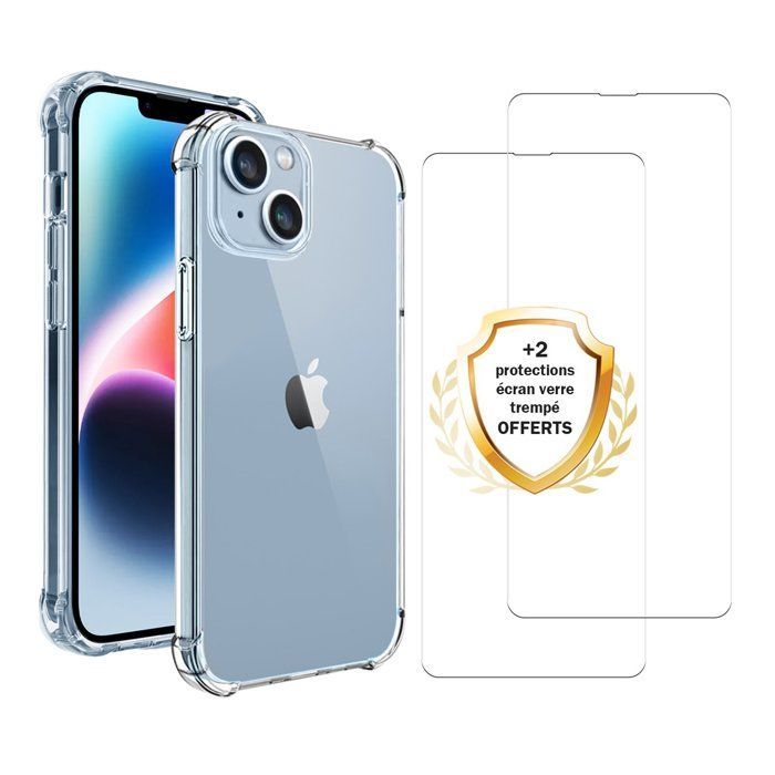Funda transparente antigolpes EVETANE compatible con iPhone 14 + 2 protectores de pantalla
