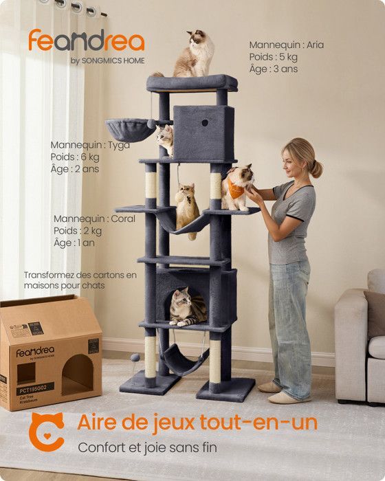 Arbre à Chat 201 cm, Taille XXL, Multi-Niveaux, 1 Plateforme, 1 Panier, 2 Niches, 2 Hamacs, Dispositif Anti-Basculement, Gris Foncé