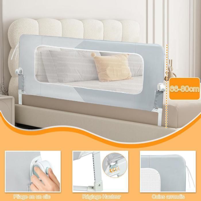MIPAN. Barandilla para cama de bebé/adulto/de seguridad - Ampliada, ajustable, plegable y anticaídas - Blanca y gris