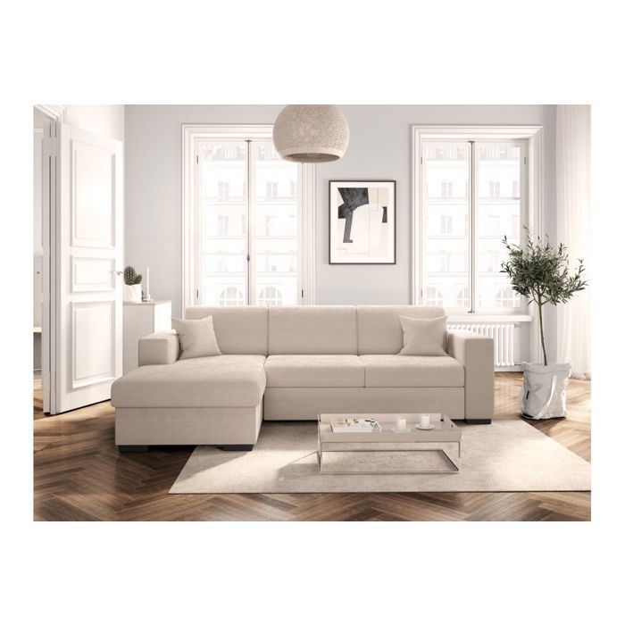 FUJI XL 4-seater left-hand corner sofa bed with storage in corduroy - Beige - W262 x D157 x H83cm - LOUNGITUDE