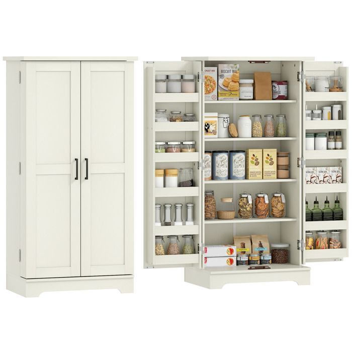 Aparador de cocina - HOMCOM - 5 niveles con puertas y estantes ajustables - 60 x 40 x 120 cm - veta de madera - crema