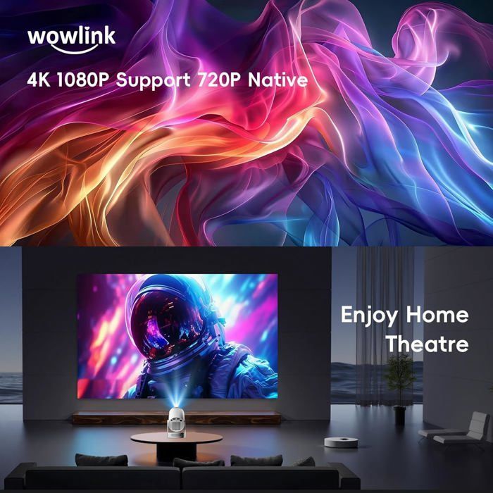 Miniproyector portátil 4K, Wifi 6, Bluetooth 5.4, corrección trapezoidal automática de 180°, aplicaciones integradas, HDMI/TV Stick/USB/PC/PS5 – Blanco