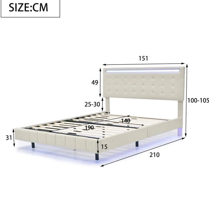 Cama doble de 140x190 cm - NMONET - LED - USB - Tapizado en lino beige - Estilo moderno