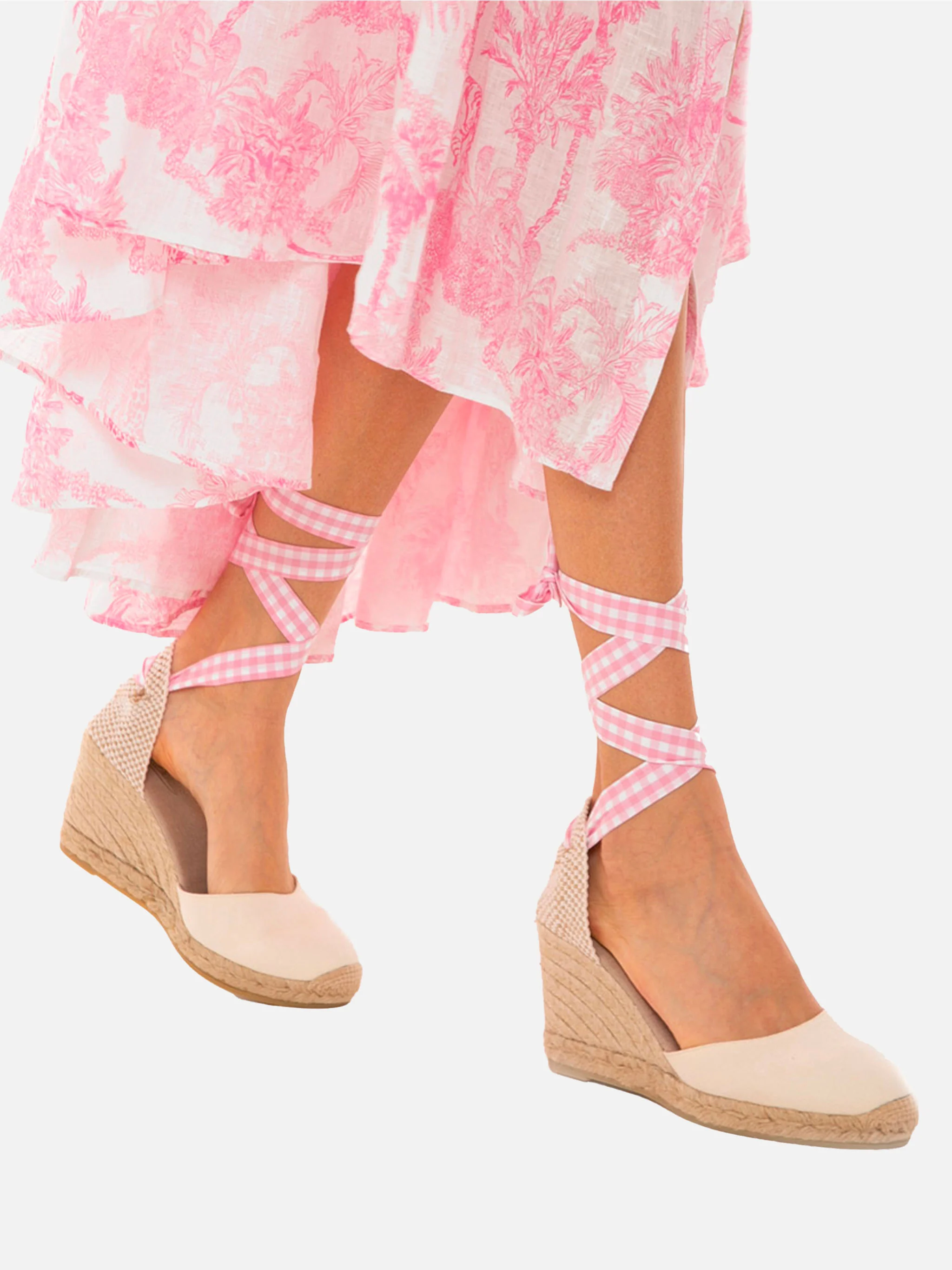 Espadrillas in canvas stampa naturale con zeppa alta e laccio alla cav