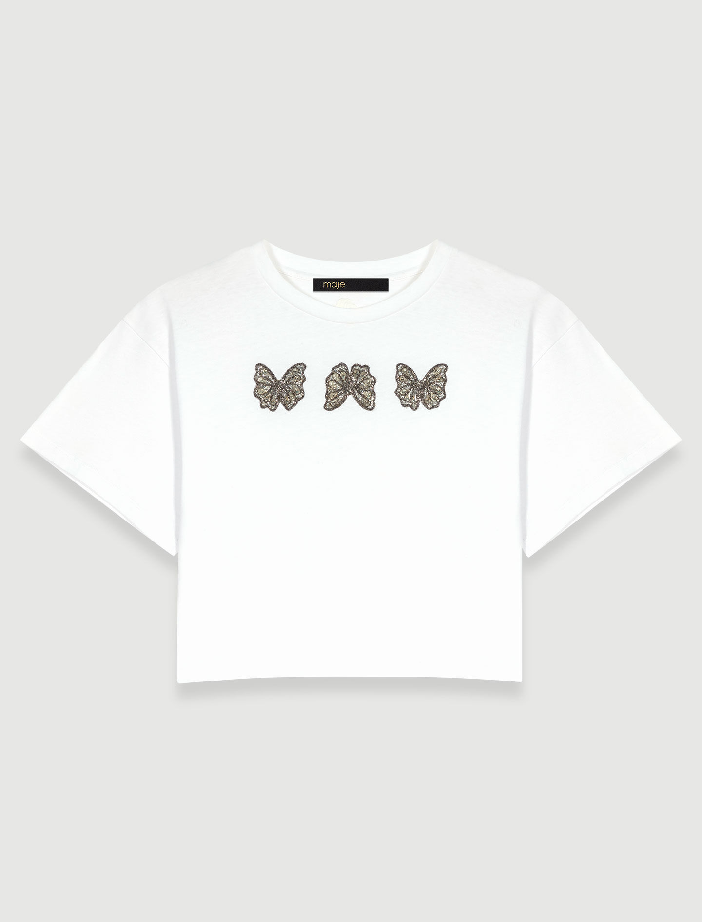 Kort T-shirt met vlinders en strass-steentjes - Wit